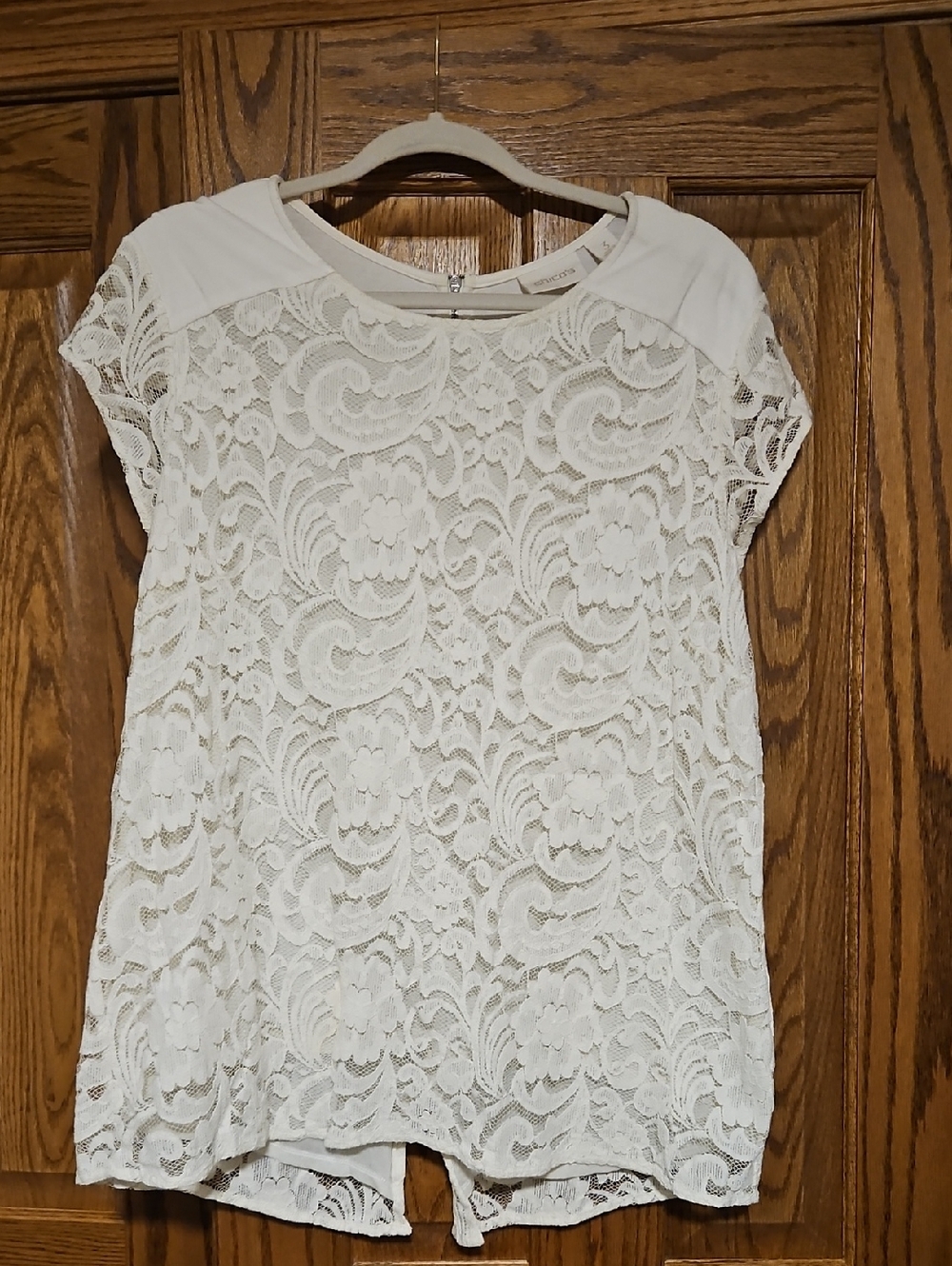 Chico's Cream Lace Front Short Sleeve Top - Delicate Lace Detail